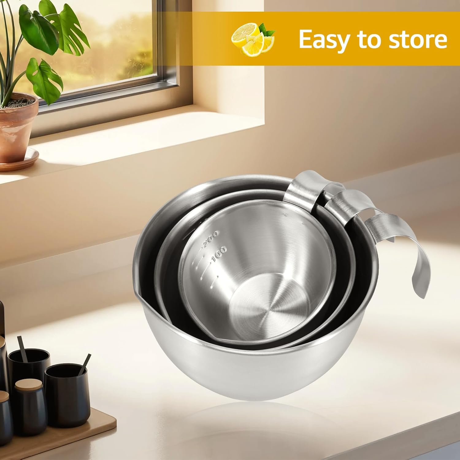 Stainless Steel Mixing Bowl, 3 Sizes Nesting Bowl with Handle & Capacity Scale, Stackable Mixing Bowls, Nesting Whisking Bowl Set, Kitchen Food Storage Organizer for Cooking Baking Salad Prep